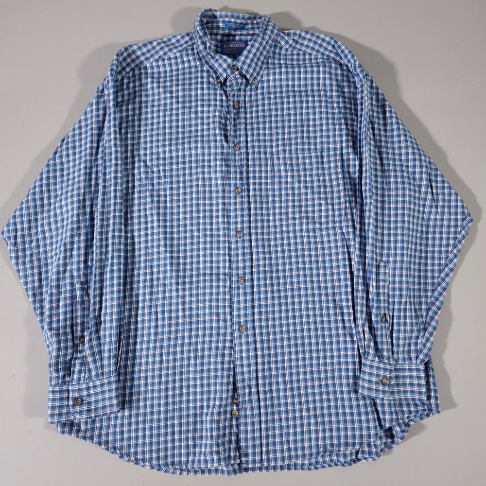 Pendleton Button Down Shirt Mens XL Blue Plaid Cotton Wool Blend Long Sleeve